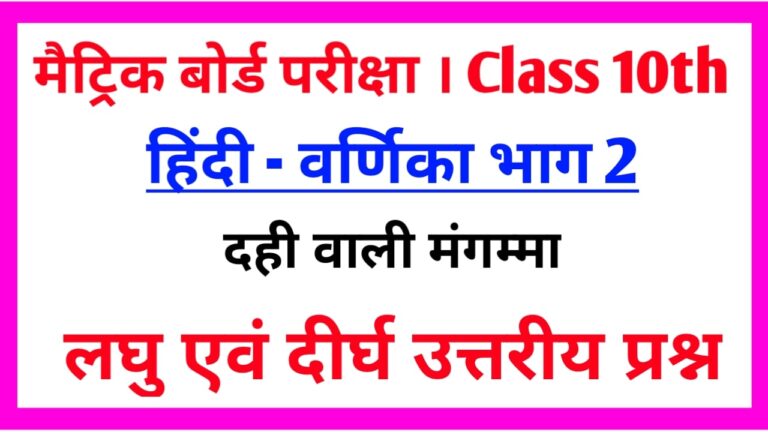 कक्षा 10 वीं हिन्दी Subjective Question दही वाली मंगम्मा ( वर्णिका भाग 2 )